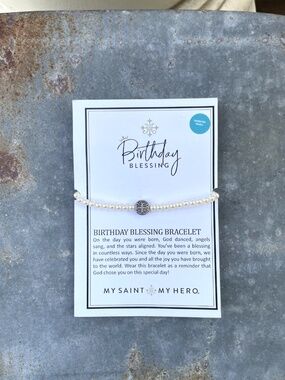 Catholic My Saint My Hero Birthday Blessing Swarovski faux Pearl Bracelet